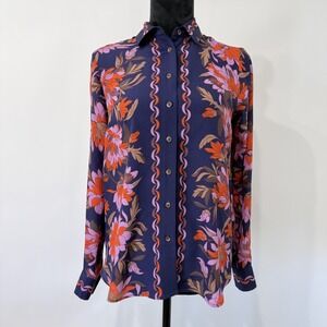 Maeve Anthropologie Silk Floral Long Sleeve Button Up Top Sz 2 Cottage Mod Retro